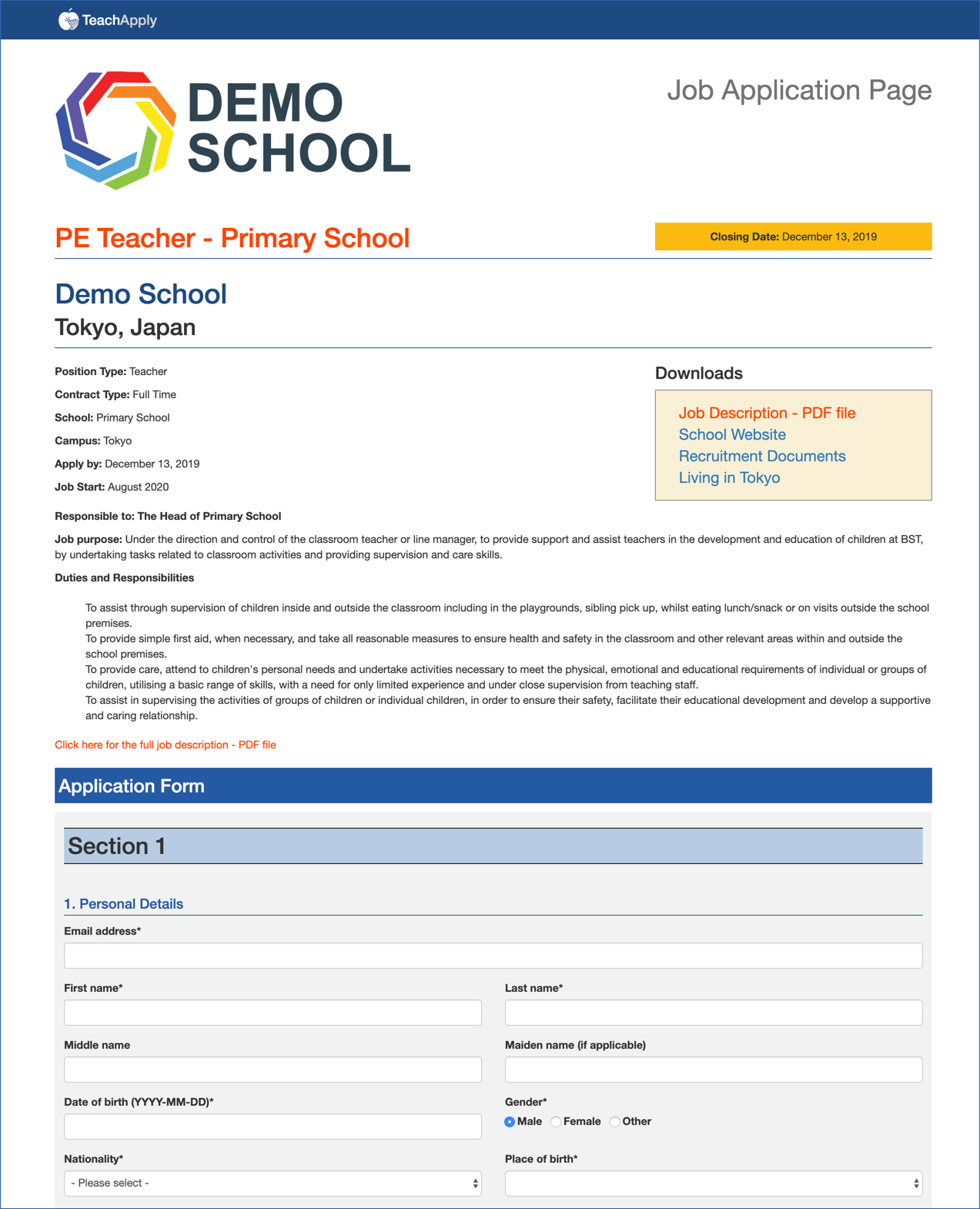 TeachApply Job Application Page for Demo School